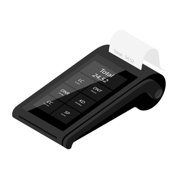 Новый смарт-POS терминал платежной машины с банковской кредитной картой изолированы на белом фоне. Банковский платежный терминал. Обработка платежного устройства. Изометрический вид