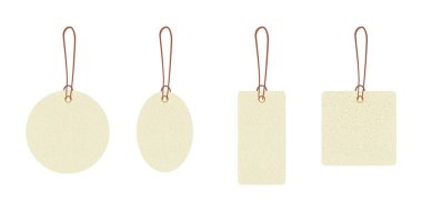 Boş hediye kutusu etiketleri ya da ipli alışveriş etiketleri. Beyaz kağıt kraft gerçekçi malzeme. Boş organik stil çıkartmaları. Tasarım izole edildi