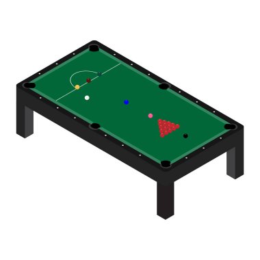 Raster Illustrasyon bilardo masası, bilardo topu ve ıstaka seti. Yeşil kumaş izometrik 3d perspektifli bilardo masası