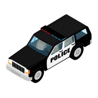 Polis arabasının izometrik görüntüsü beyaz arka planda izole edilmiş. Polis taşımacılığı