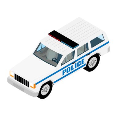 Polis arabasının izometrik görüntüsü beyaz arka planda izole edilmiş. Polis taşımacılığı