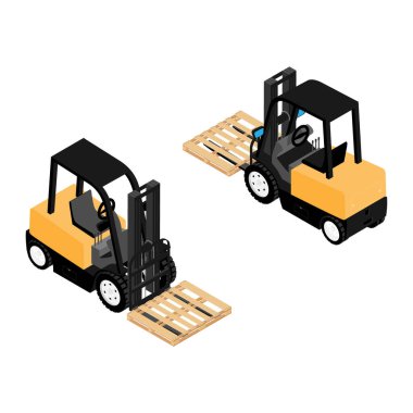 Forkliftler, güvenilir ağır yükleyiciler, ahşap palet taşıyan kamyonlar. Beyaz arkaplan izometrik görünümünde ağır iş ekipmanları izole edildi