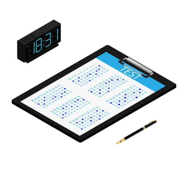 Test Exam Paper Clipboard Digital Clock Pen Isometric View Exam — Stock Photo, Image