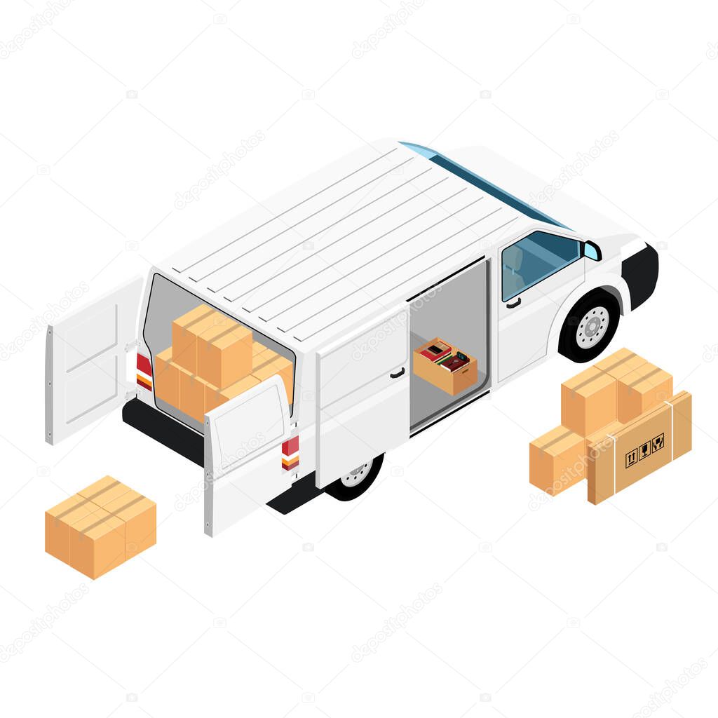 White minivan cargo delivery van deliver cardboard boxes isolated on white background isometric view