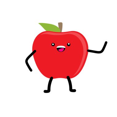 Çocuklar için meyveler. Şirin elma meyvesi karakter çizimi, sağlıklı yeme alışkanlıkları. Beyaz arka planda çizgi film kawaii yaz meyvesi