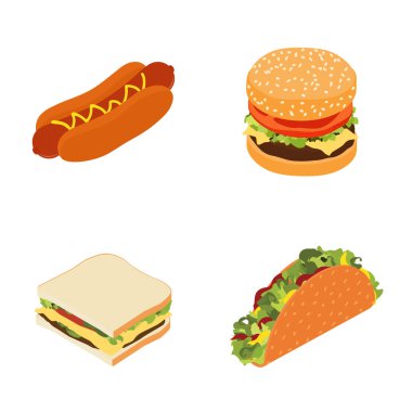 Fast food seti: sosisli sandviç, hamburger veya çizburger ve beyaz arka planda izole edilmiş geleneksel Meksika fast food taco 'su. Isome Manzarası. Vektör