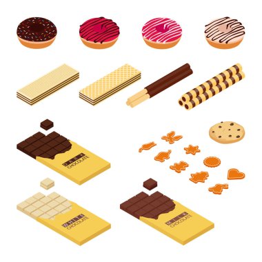 Renkli, şenlikli tatlılar, donut, çikolata, kurabiye ve gofret çubuğu veya wafel karışımı.