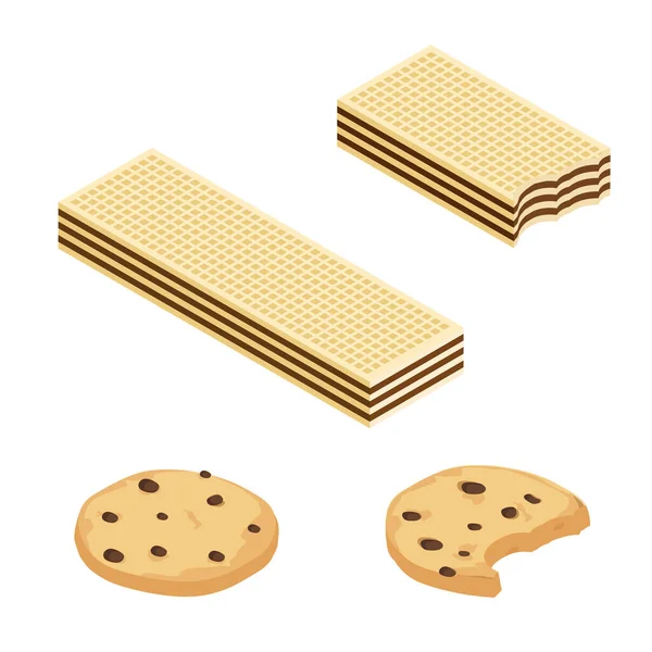 巧克力或可可饼干和酥脆的晶片等距视图 白色背景隔离 — 图库矢量图片