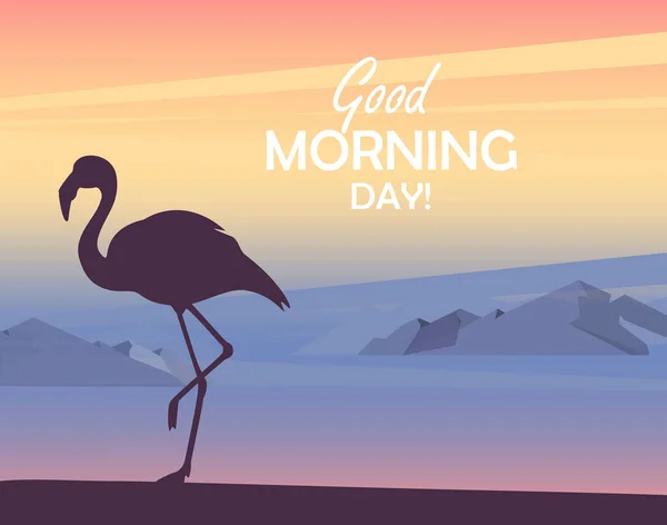 Silhouette Flamingo Sunset Sunrise Mountain Landscape Good Morning Day Concept — Stock Vector