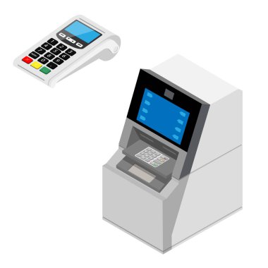 POS terminali ve ATM beyaz arka planda izole edildi. Banka Ödeme Terminalleri. İzometrik görünüm