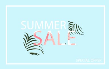 Flamingo ve tropikal yapraklı yaz indirimi afişi, afiş, broşür, davetiye, poster, web sitesi veya tebrik kartı için egzotik çiçek tasarımı.