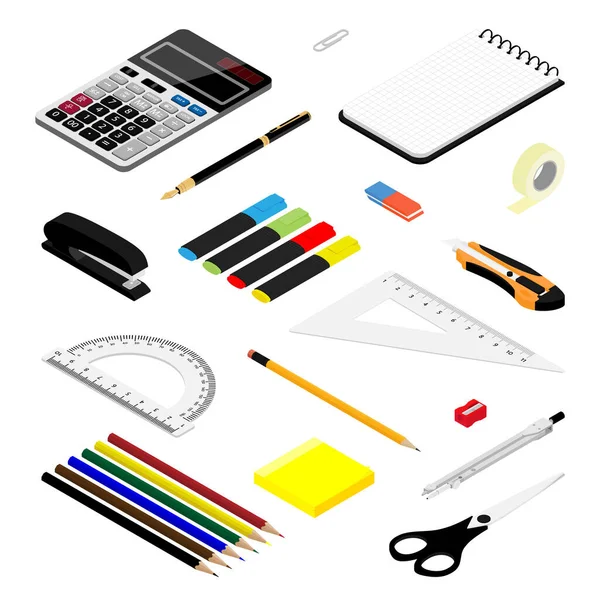 Isometric Office Stationery Set Collection Includes Adhesive Tape Stapler Ruler — Stock Vector