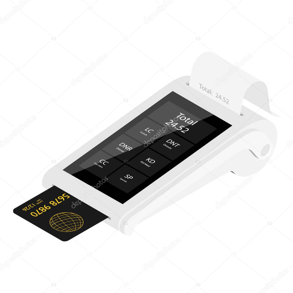 New smart POS terminal payment machine with bank credit card isolated on white background. Bank Payment Terminal. Processing payment device. Isometric view