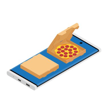 Restoranlar ya da pizzacılar için karton bir kutuda salamlı pizza. Peynirli ve salamlı lezzetli pizza. Çevrimiçi dağıtım servisi. E-mağaza