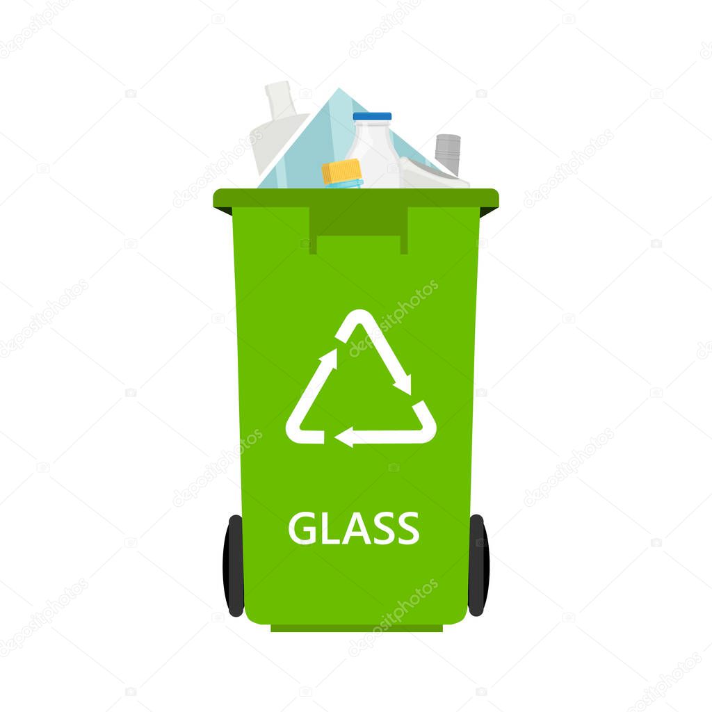 Green can with sorted glass garbage vector icon. Recycling garbage separation and recycled isolated on white background. Recycling concept - bin full of glass