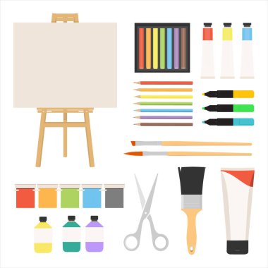 Ressam sanat aletleri. Boya sanatları alet çantası raster illüstrasyon, raster suluboya resim tasarım malzemeleri, sehpa ve palet, boya fırçası ve çizim malzemeleri