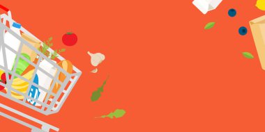 Evde market teslimatı: afiş tasarımı tam alışveriş arabası, taze sebze ve meyve, yiyecek ve içecek dolu kağıt torba. Eko alışveriş çantası. Alış veriş konsepti