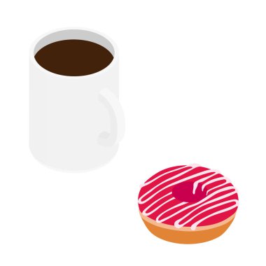 Kahve fincanı ve tatlı çilekli çörek. Bir beyazı izole ettim. Raster. İzometrik görünüm