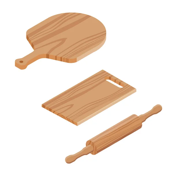 Handmade Wooden Cutting Boards Rolling Pin Isometric View Isolated White — Stock Photo, Image