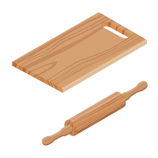 Wooden Cutting Board Rolling Pin Isometric View Isolated White Background — Stock Photo, Image