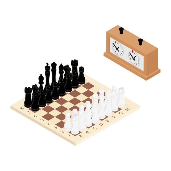 Wooden Chess Board Chess Pieces Chess Clock Isometric View Raster — Stock Photo, Image