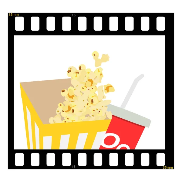 Movie film cinema banner template design. Cinema background with popcorn, drink and filmstrip. Theater cinematography poster. Online cinema art movie watching. Movie raster background.