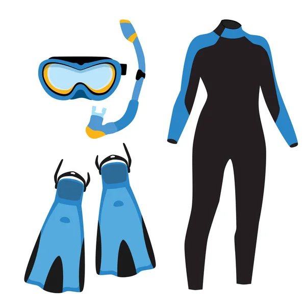 潜水设备栅形图标设置与蓝色潜水面具和潜水或潜水 拖鞋和潜水服 潜水服 — 图库照片