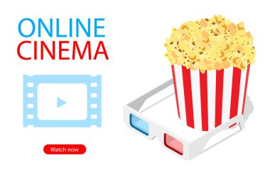İnternette patlamış mısırlı, 3D gözlüklü, sinematografi konseptli bir sinema filmi. Vektör. İzometrik görünüm.