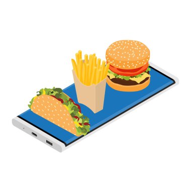 Fast food ekran uygulamalı telefon. Akıllı telefon ekranında hamburger, patates kızartması ve taco.