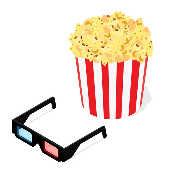 Popcorn Okulary Aby Zobaczyć Film Białym Tle Widok Izometryczny Wektor — Wektor stockowy