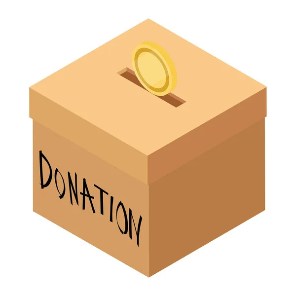 捐赠和慈善概念 把硬币放进盒子里捐赠 等距视图 — 图库矢量图片