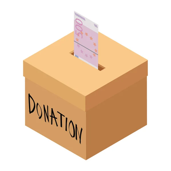 捐赠和慈善概念 把欧元钞票放进盒子里捐赠 等距视图 — 图库矢量图片