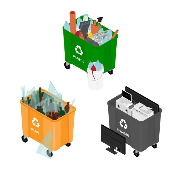 Lixo Latas Lixo Com Ícones Vetor Lixo Classificados Reciclagem Coleta — Vetor de Stock