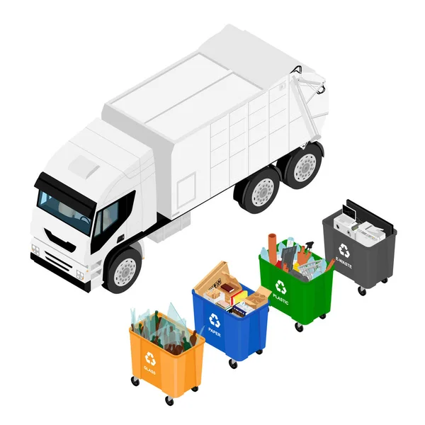 Poubelles Dans Des Poubelles Avec Ordures Triées Camion Ordures Recyclage — Image vectorielle