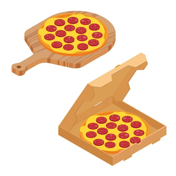 在木板上的腊肠披萨和用于餐馆或比萨店的纸盒里 味道鲜美的比萨加奶酪和腊肠 — 图库矢量图片