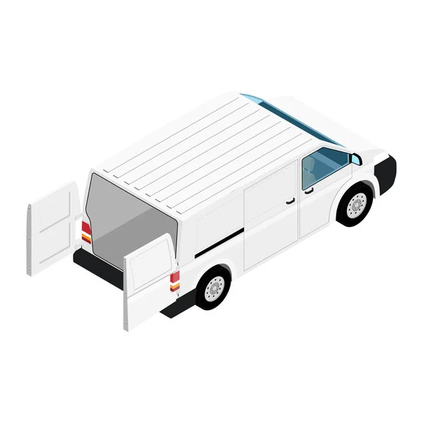 详细的货物运输车与打开的门矢量等距视图 关于运输的品牌和企业身份设计的模型模板 现实的白色货车 — 图库矢量图片