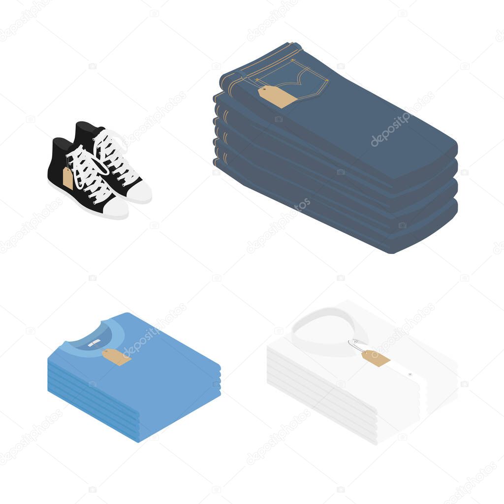 Stack of blue jeans, white folded shirts, blue t-shirts and converse sneakers shoes isolated on white background isometric view. Clothing collection. Vector
