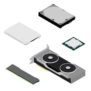 Bilgisayar parçaları izometrik görünümü beyaz arkaplanda izole edildi. SSD, video grafik kartı, işlemci, hdd ve hafıza kartı