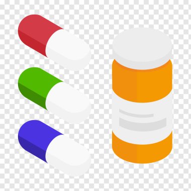 İlaç hapları ve ilaç şişesi. İlaç sağlık vitaminleri ve antibiyotik kapsülü, ilaç olarak ağrı kesici ilaçlar izole edilmiş raster ikonları. Antibiyotik ilaç, eczane.