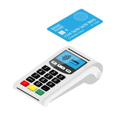 Beyaz arka planda banka kartı olan yeni akıllı POS terminal ödeme makinesi. Banka Ödeme Terminali. Ödeme cihazı işleniyor. İzometrik görünüm