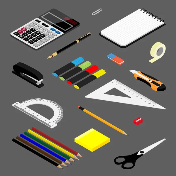 Isometric office stationery set. Collection includes adhesive tape, stapler, ruler, scissors, pen, eraser, knife, marker, sticky notes, calculator and notepad