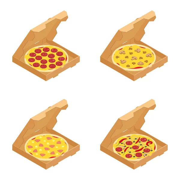 Zestaw Włoskich Pizzy Kartonowych Pudełkach Izolowanych Białym Tle Menu Restauracji — Zdjęcie stockowe