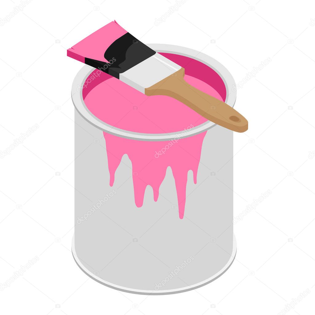 Metal paint can with pink paint and paintbrush with wooden handle raster illustration