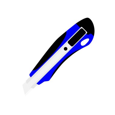 Beyaz arkaplanda mavi ofis kırtasiye bıçağı var.