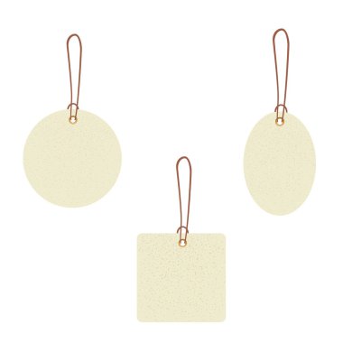 Boş hediye kutusu etiketleri ya da ipli alışveriş etiketleri. Beyaz kağıt kraft gerçekçi malzeme. Boş organik stil çıkartmaları. Tasarım izole edildi