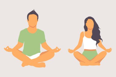 Sakin bir çift evde lotus poz verirken meditasyon yapıyor. Yoga konsepti.