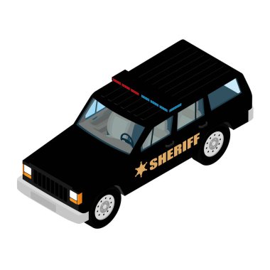 Polis arabasının izometrik görüntüsü beyaz arka planda izole edilmiş. Polis aracı. Şerif arabası.