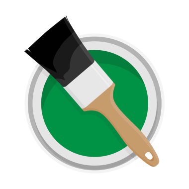 Yeşil boyalı metal boya kutusu ve ahşap saplı boya fırçası.