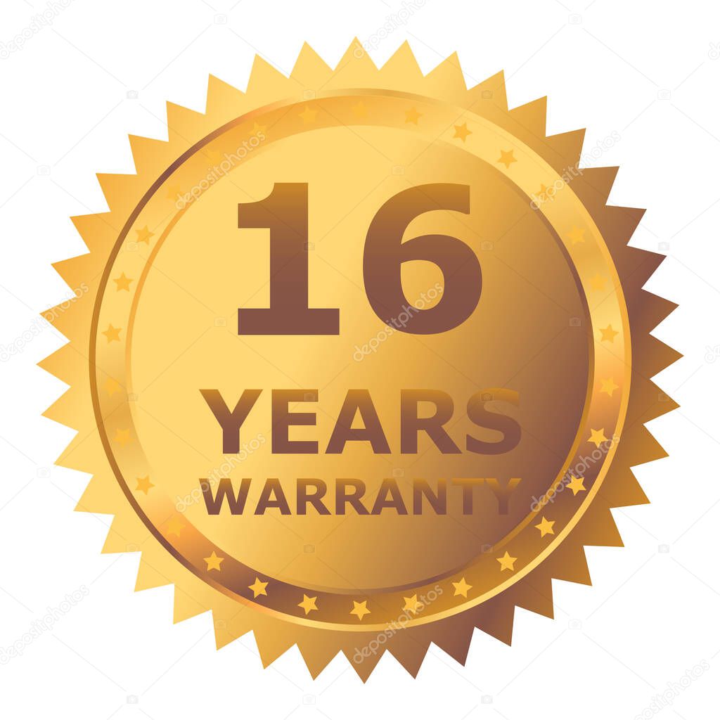 16 Years warranty label, badge, icon, logo. Golden sixteen years warranty round sticker isolated on white background. Vector illustration