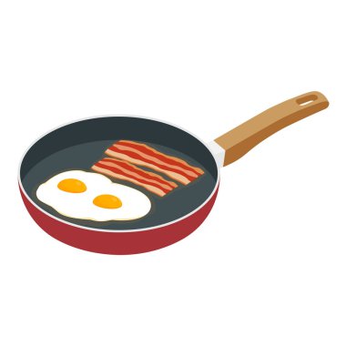 Kahvaltı konsepti. Yumurta ve pastırma kızartma tavasında. Kızarmış pastırma dilimi ve yumurta. Sabah yemeği. Vektör illüstrasyonu